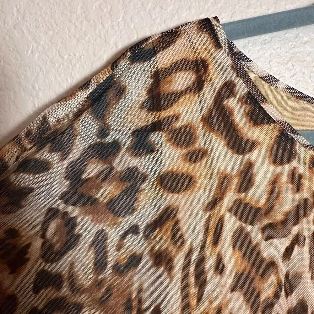 Chico's Leopard Print Mesh Overlay Side Tie Blouse XL Sz 3 3/4 Sleeve Top - Picture 6 of 8